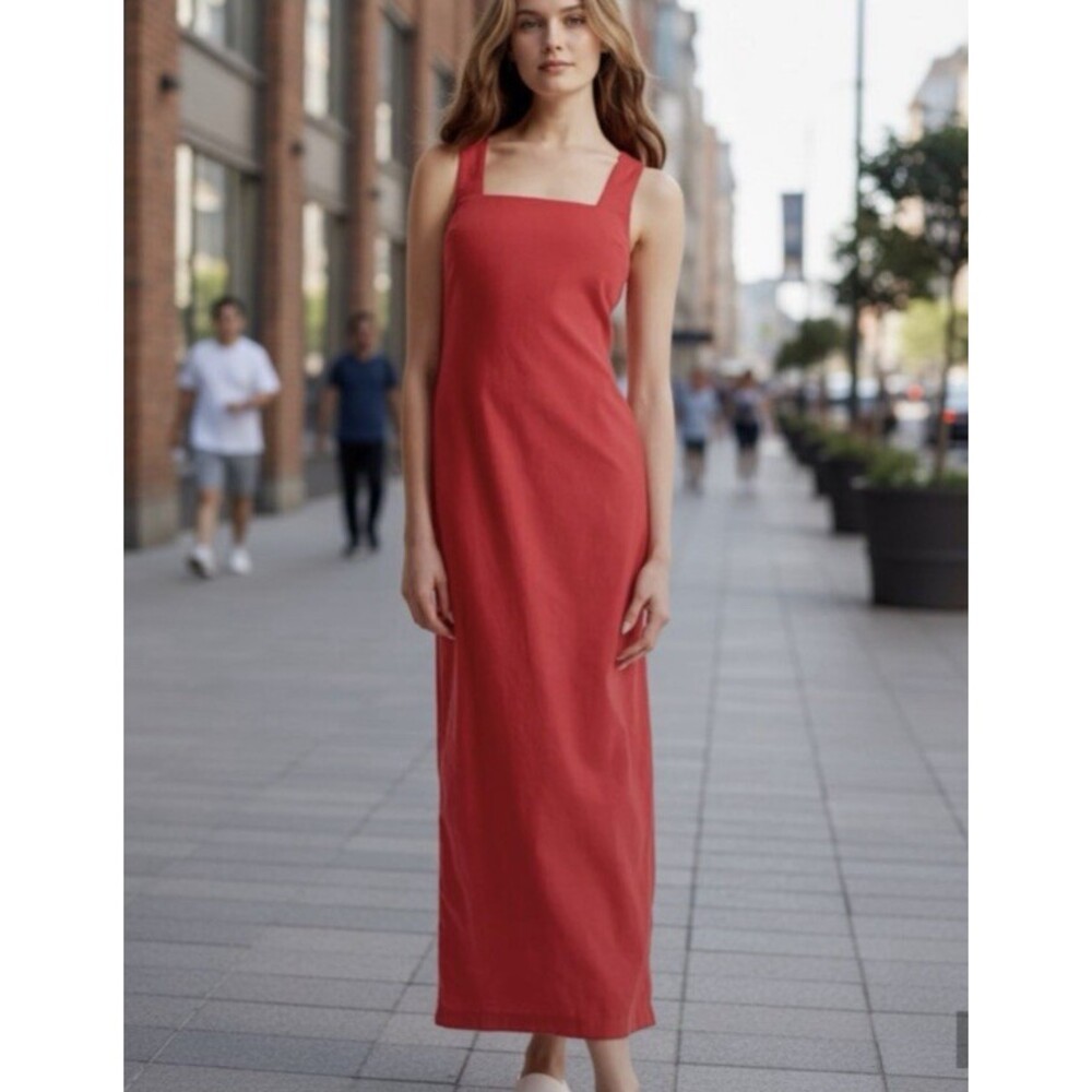 NWT Abercrombie & Fitch Red Sheath Maxi Dress Square Neck Linen Med Tall